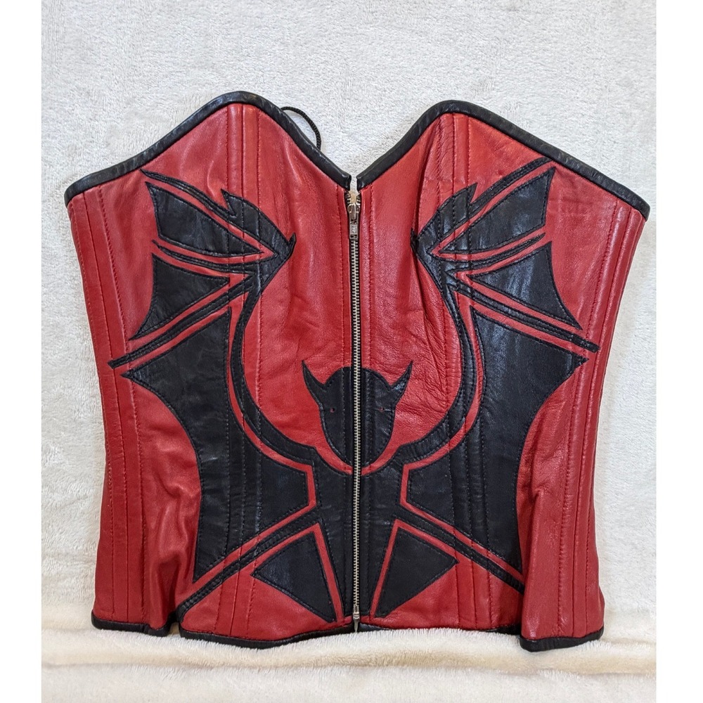 Vintage Alter Ego Red Black Leather Bat Devil Wing Corset Top Women 24 Excellent